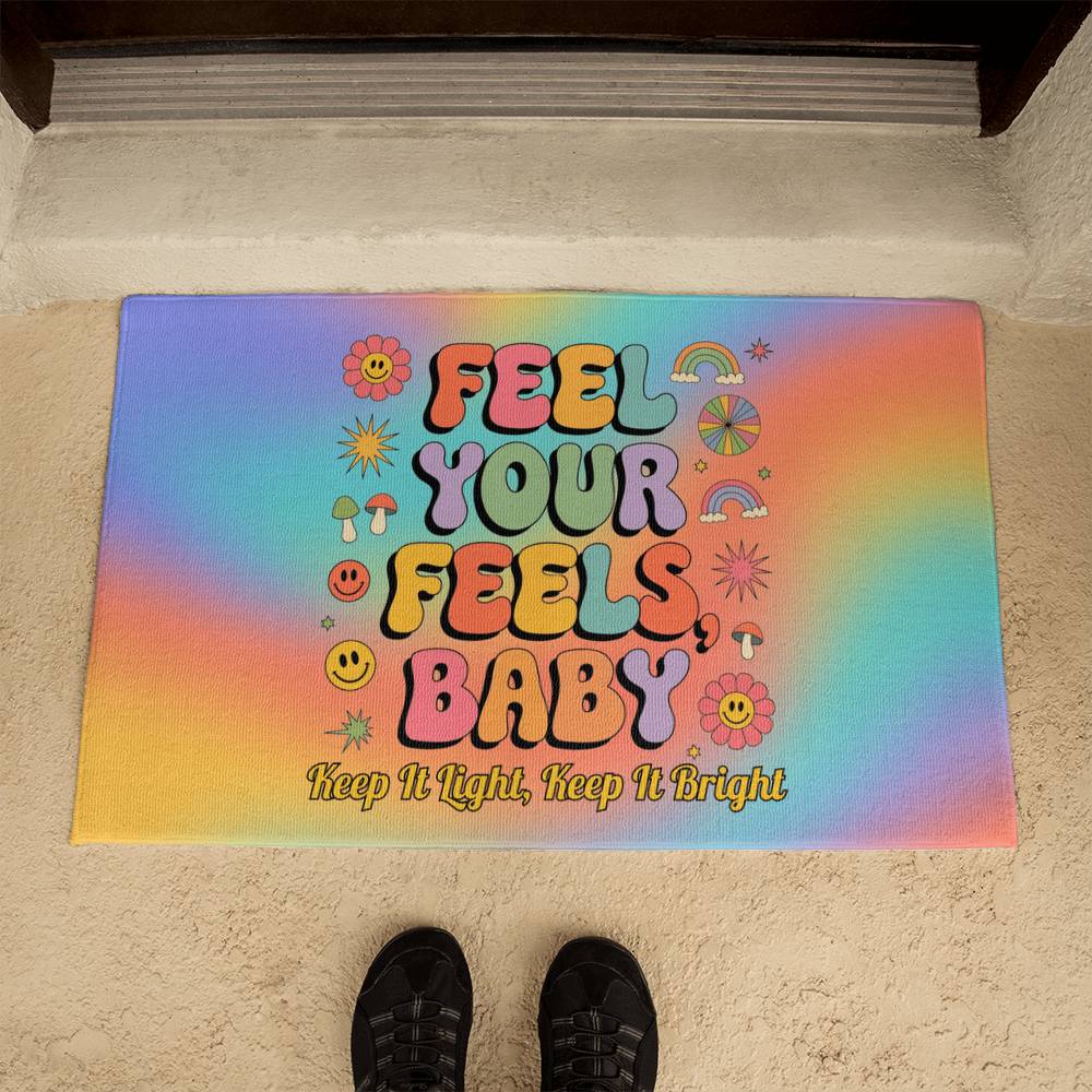 Feel Your Feels, Baby retro 70s welcome mat, self-care entry rug for home or office - MySisterIsASurvivor
