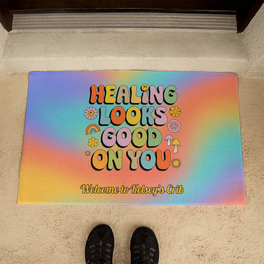 Healing Looks Good on You custom retro affirmation welcome mat mental health rug - MySisterIsASurvivor