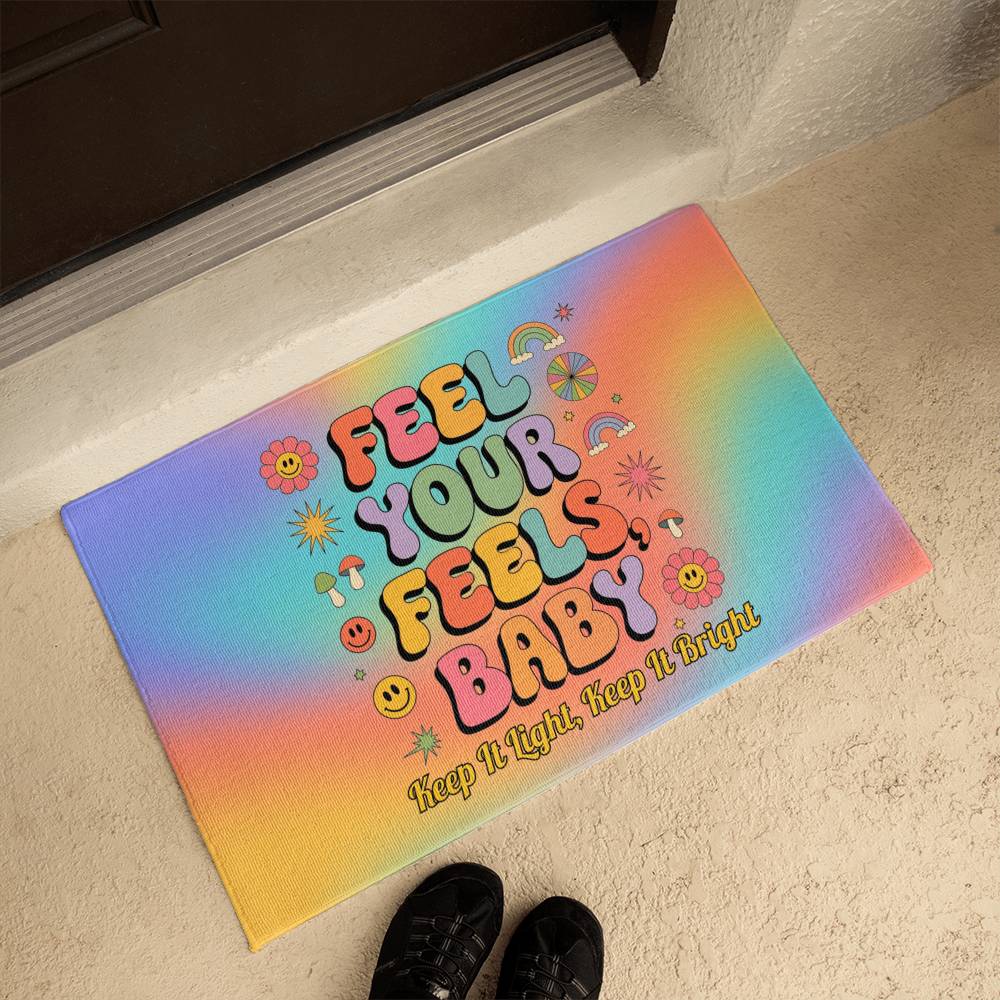 Feel Your Feels, Baby retro 70s welcome mat, self-care entry rug for home or office - MySisterIsASurvivor