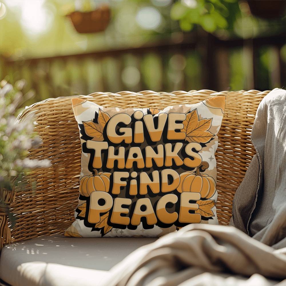 Give Thanks, Find Peace throw pillow with mindful Thanksgiving quote and vibrant autumn décor colors