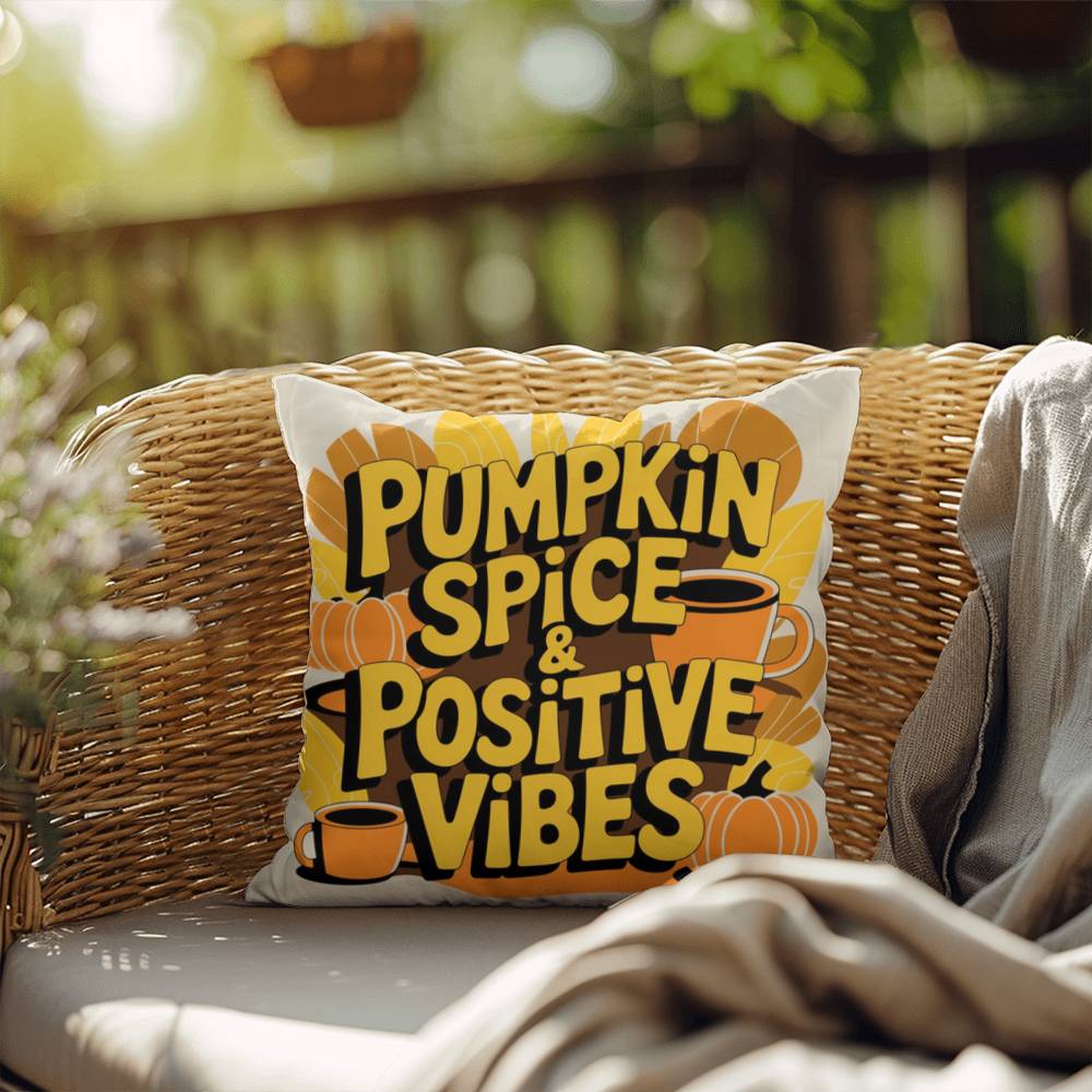 Pumpkin Spice & Positive Vibes pillow with autumn mindfulness message and cozy seasonal décor