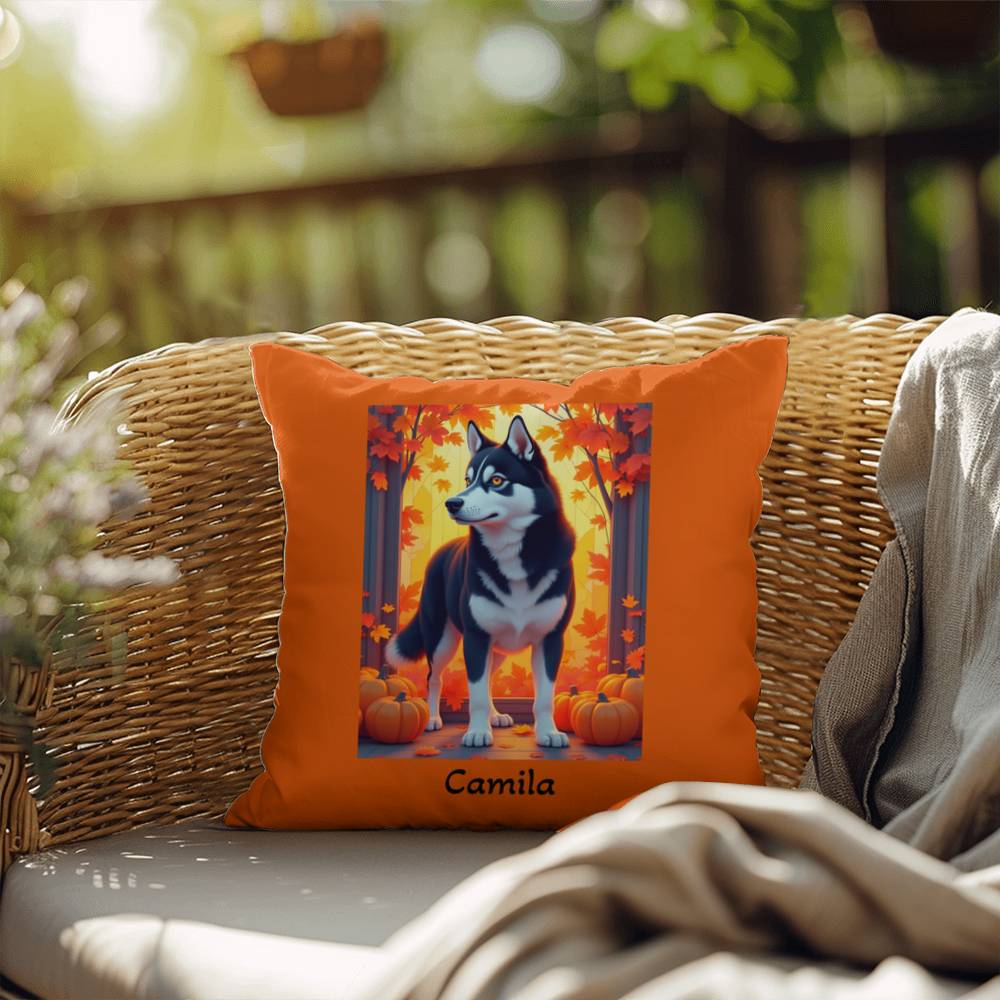 Siberian Husky Black & White Coat (Amber Eyes) Pillow, Indoor Outdoor Dog Cushion, Personalized