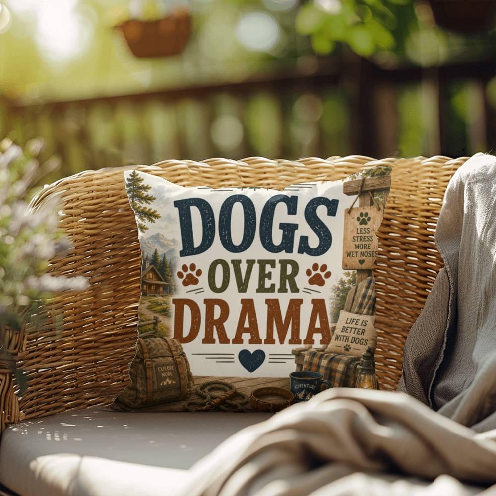 Shop our dogs over drama throw pillow featuring the 20" x 20" style option from MySisterIsASurvivor.