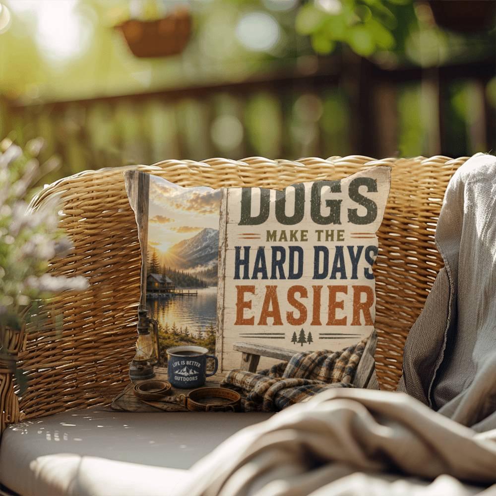 Shop our dogs make the hard days easier throw pillow featuring the 20" x 20" style option from MySisterIsASurvivor.