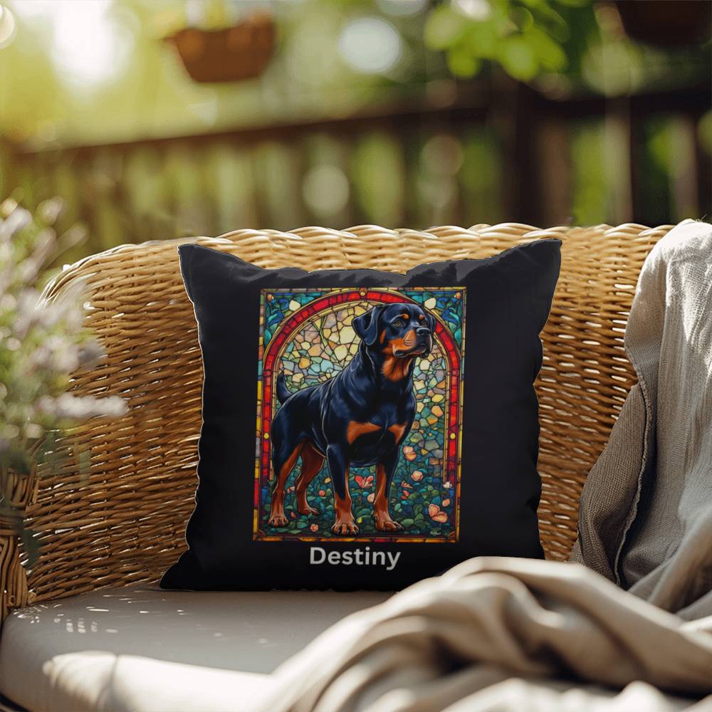 Rottweiler (Black and Mahogany) Indoor/Outdoor Pillow - Personalized Stained Glass Dog Tribute & Comfort Gift