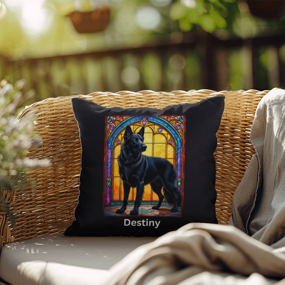 German Shepherd (Black) Indoor/Outdoor Pillow - Personalized Stained Glass Dog Tribute & Comfort Gift