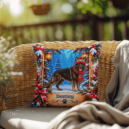 German Shepherd (Dark Sable Coat) - Personalized Woodland Name Pillow, Winter Gift for GSD Owners