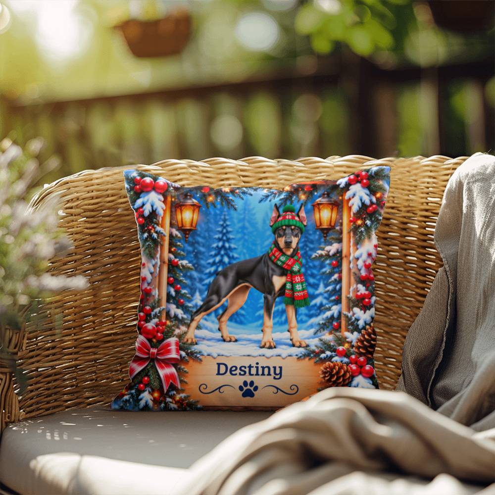 Doberman (Black & Fawn Coat) - Personalized Winter Home Decor, Custom Name Throw Pillow