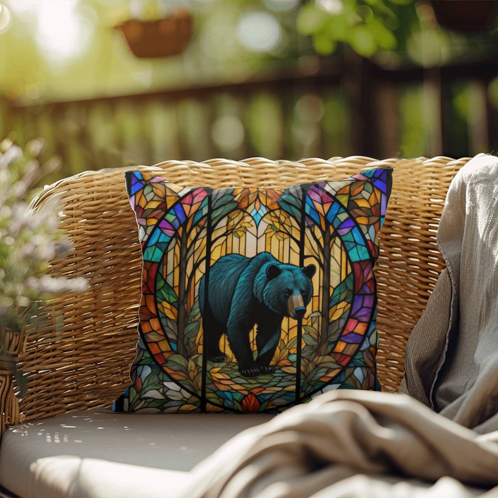 Bear stained glass throw pillow, indoor outdoor wildlife decor, cozy home accent for animal lovers