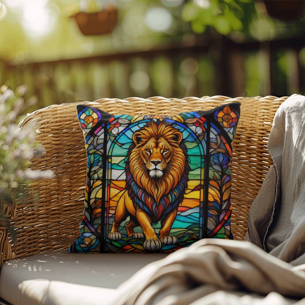 Lion stained glass throw pillow, safari wildlife home decor, indoor outdoor accent cushion