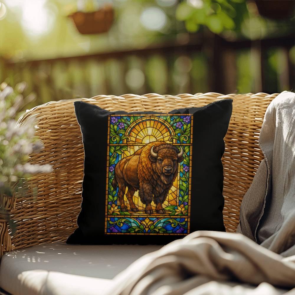 Shop our bison stained glass style throw pillow featuring the 20" x 20" style option from MySisterIsASurvivor.