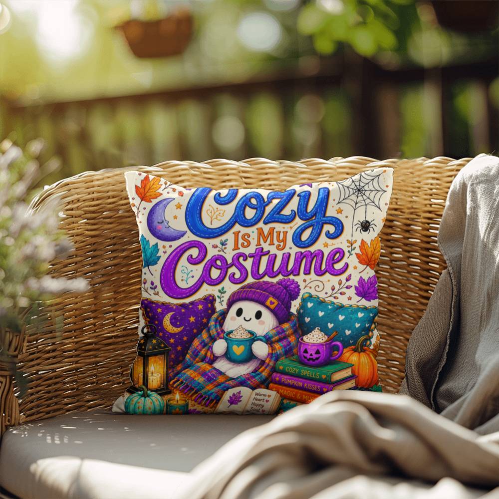 Cozy Is My Costume saying with ghost artwork on a Halloween throw pillow inspired by autumn comfort
