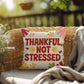Thankful, Not Stressed pillow featuring uplifting Thanksgiving quote with autumn seasonal décor