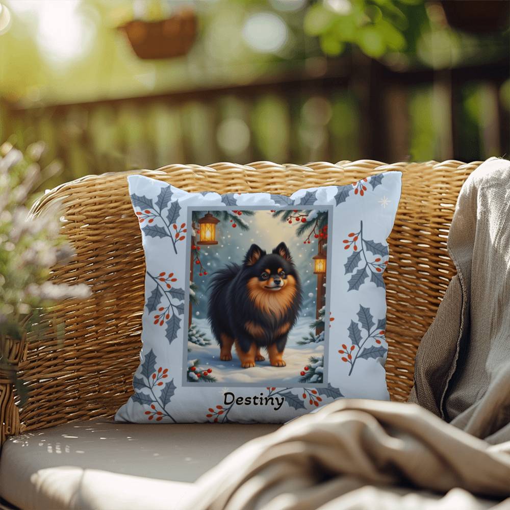 Pomeranian Black & Tan Pillow - Winter Pom throw pillow, festive dog accent, cozy indoor home decor