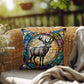 Reindeer stained glass throw pillow, holiday wildlife decor, indoor outdoor accent cushion