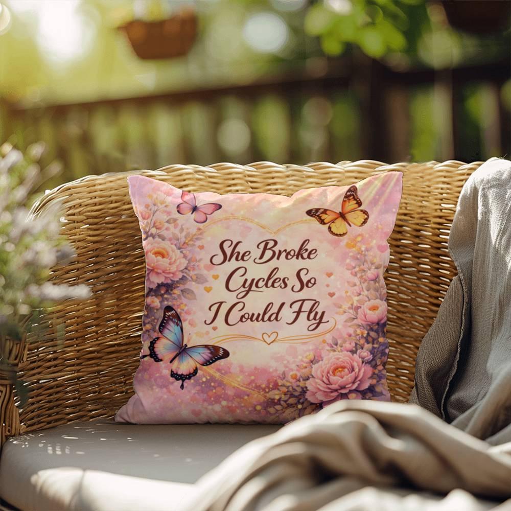 Shop our she broke cycles so i could fly throw pillow featuring the 20" x 20" style option from MySisterIsASurvivor.