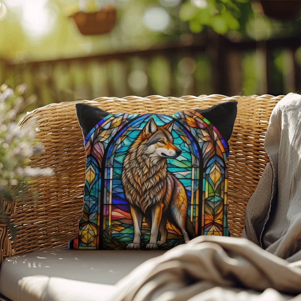 Wolf stained glass throw pillow, forest wildlife decor, indoor outdoor cozy home accent