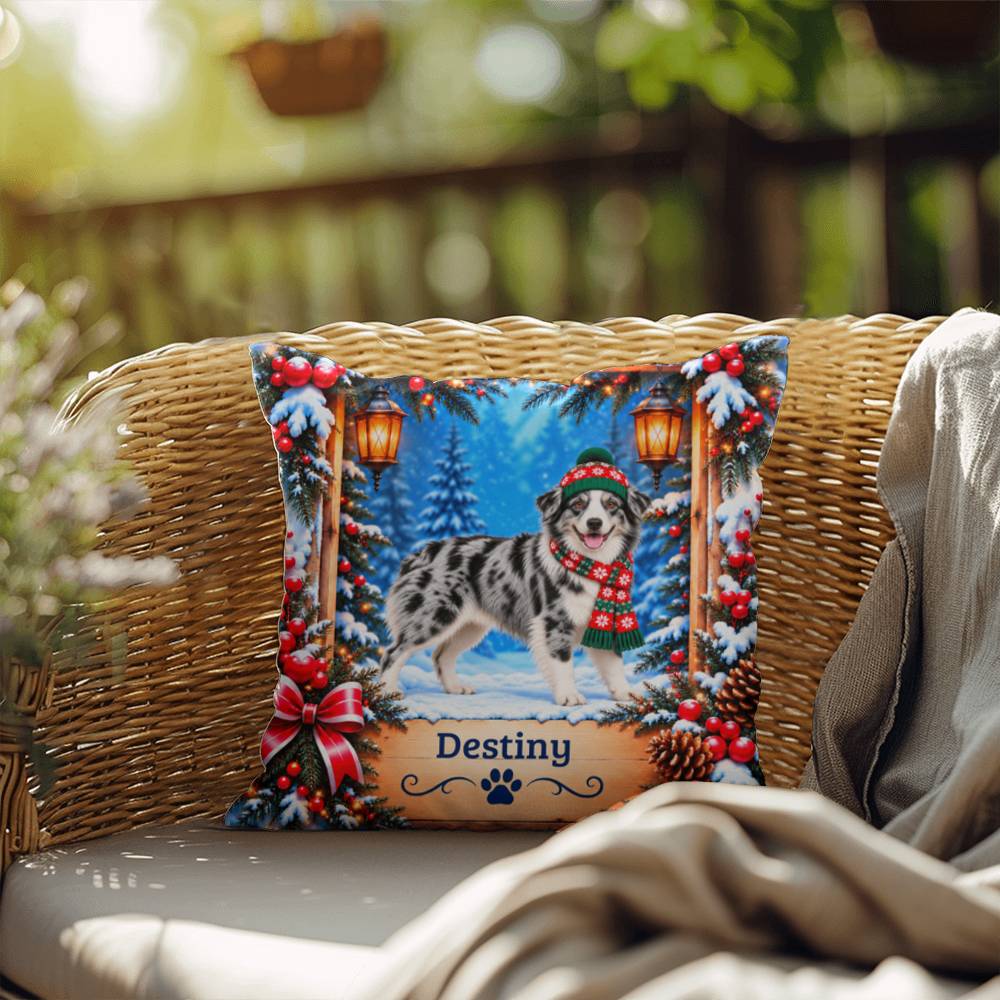Australian Shepherd (Blue Merle & White Bi Coat) - Personalized Name Pillow, Snowy Forest Dog Gift