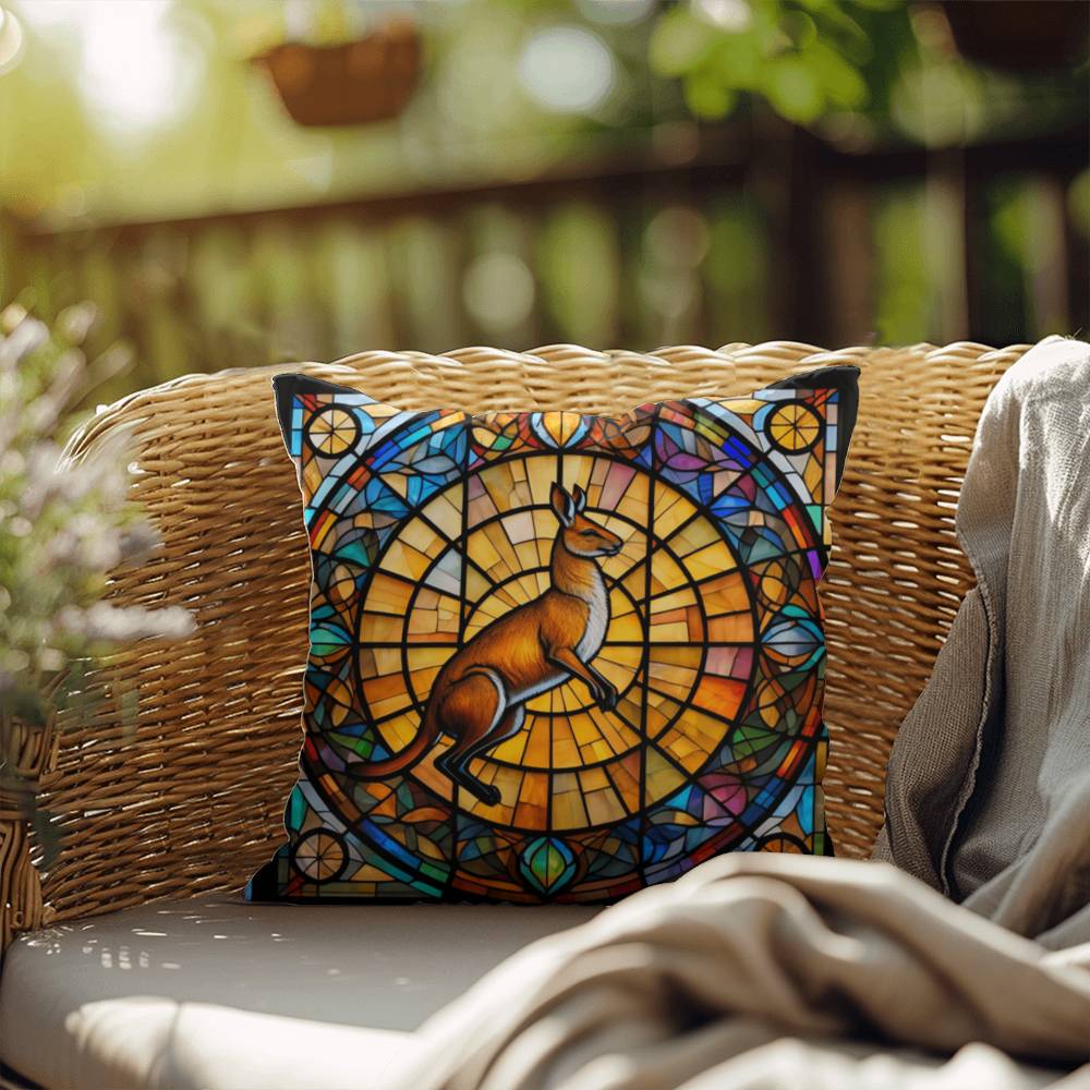 Kangaroo stained glass throw pillow, wildlife animal home decor, indoor outdoor accent pillow