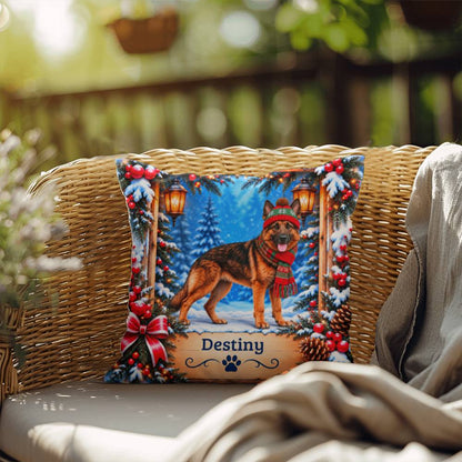 German Shepherd (Red Sable Coat) - Personalized Rustic Winter Pillow, Dog Name Gift for GSD Lovers
