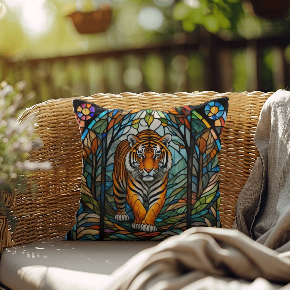 Tiger stained glass throw pillow, jungle wildlife decor, indoor outdoor accent pillow