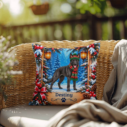 Belgian Malinois (Black Coat) - Personalized Snowy Forest Pillow, Indoor Outdoor Dog Name Gift