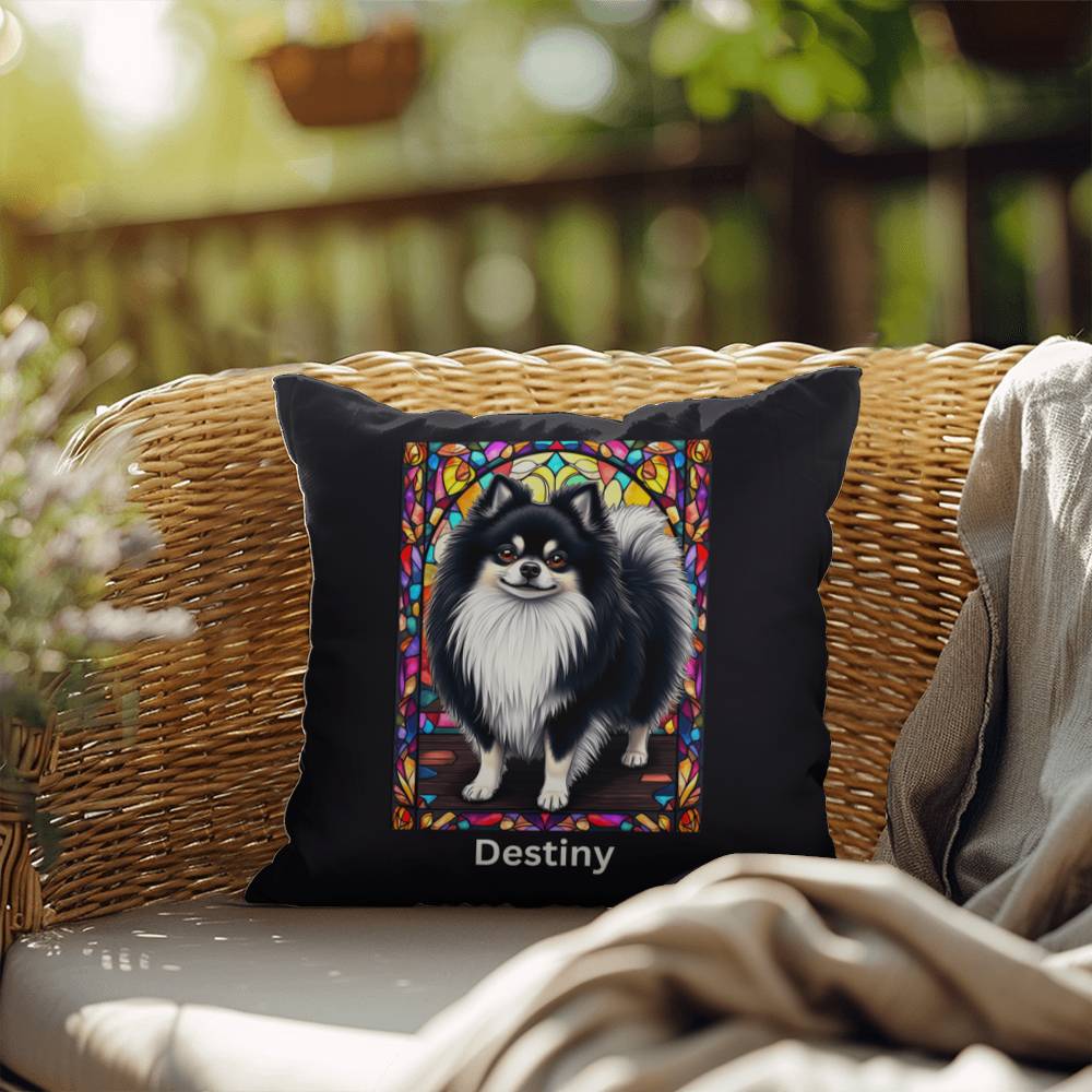 Pomeranian (Black and White) Indoor/Outdoor Pillow - Personalized Stained Glass Dog Tribute & Comfort Gift