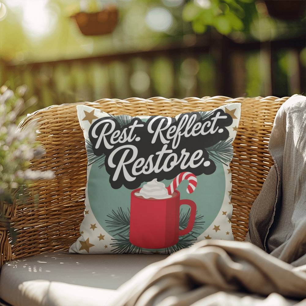 Rest. Reflect. Restore Throw Pillow - Peaceful Christmas pillow for rest and mindfulness