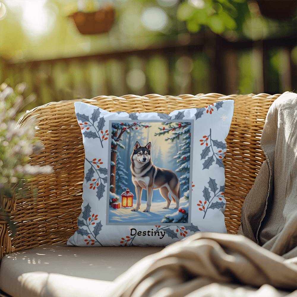 Husky Wolf Grey Pillow - Frosty Husky pillow, winter dog throw, seasonal indoor home accent