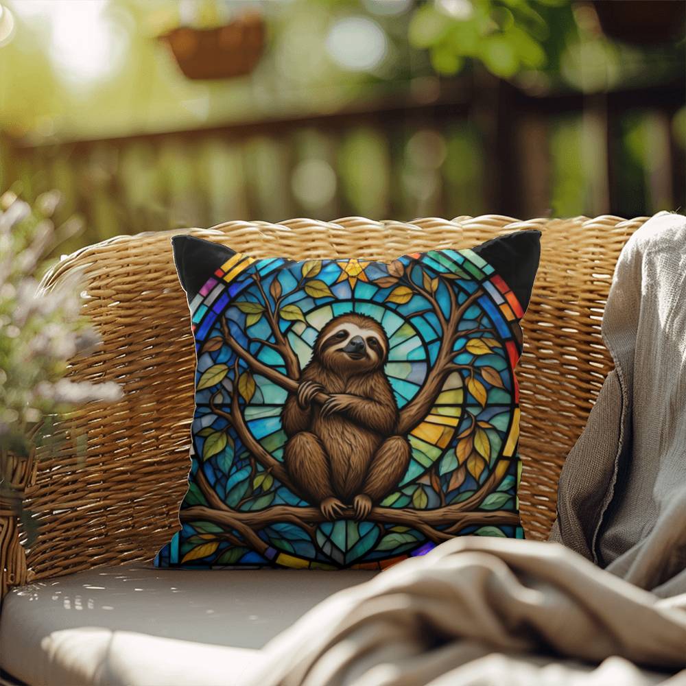 Sloth stained glass throw pillow, jungle animal decor, indoor outdoor cozy home accent
