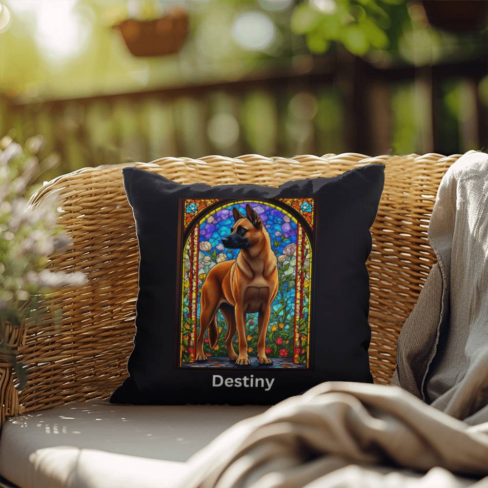 Belgian Malinois (Red) Indoor/Outdoor Pillow - Personalized Stained Glass Dog Tribute & Comfort Gift