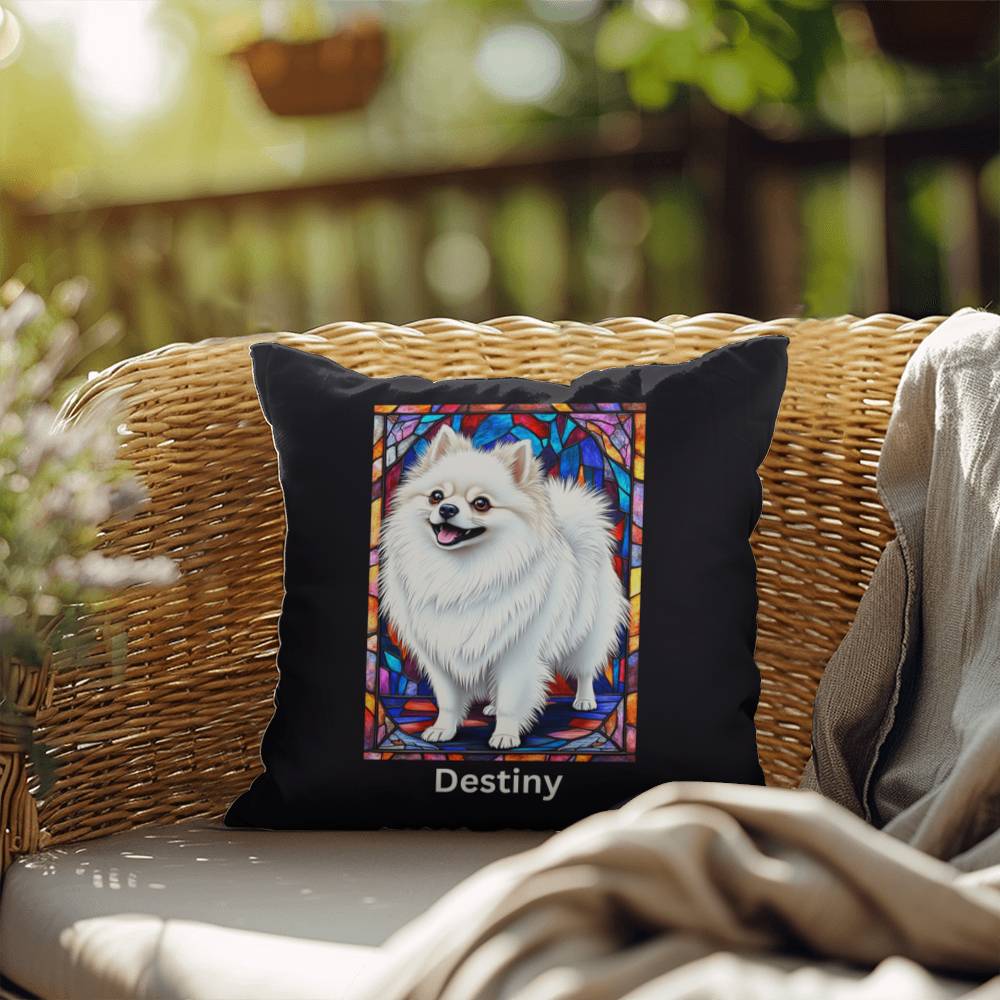 Pomeranian (White) Indoor/Outdoor Pillow - Personalized Stained Glass Dog Tribute & Comfort Gift
