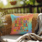 Custom 70s pillow with “Healing Happens, Man” in wavy font and vintage colors, for therapy offices or home wellness spaces