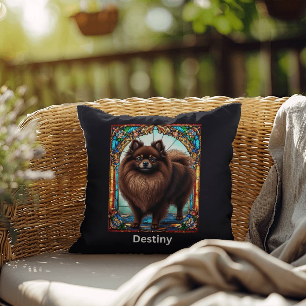 Pomeranian (Chocolate) Indoor/Outdoor Pillow - Personalized Stained Glass Dog Tribute & Comfort Gift
