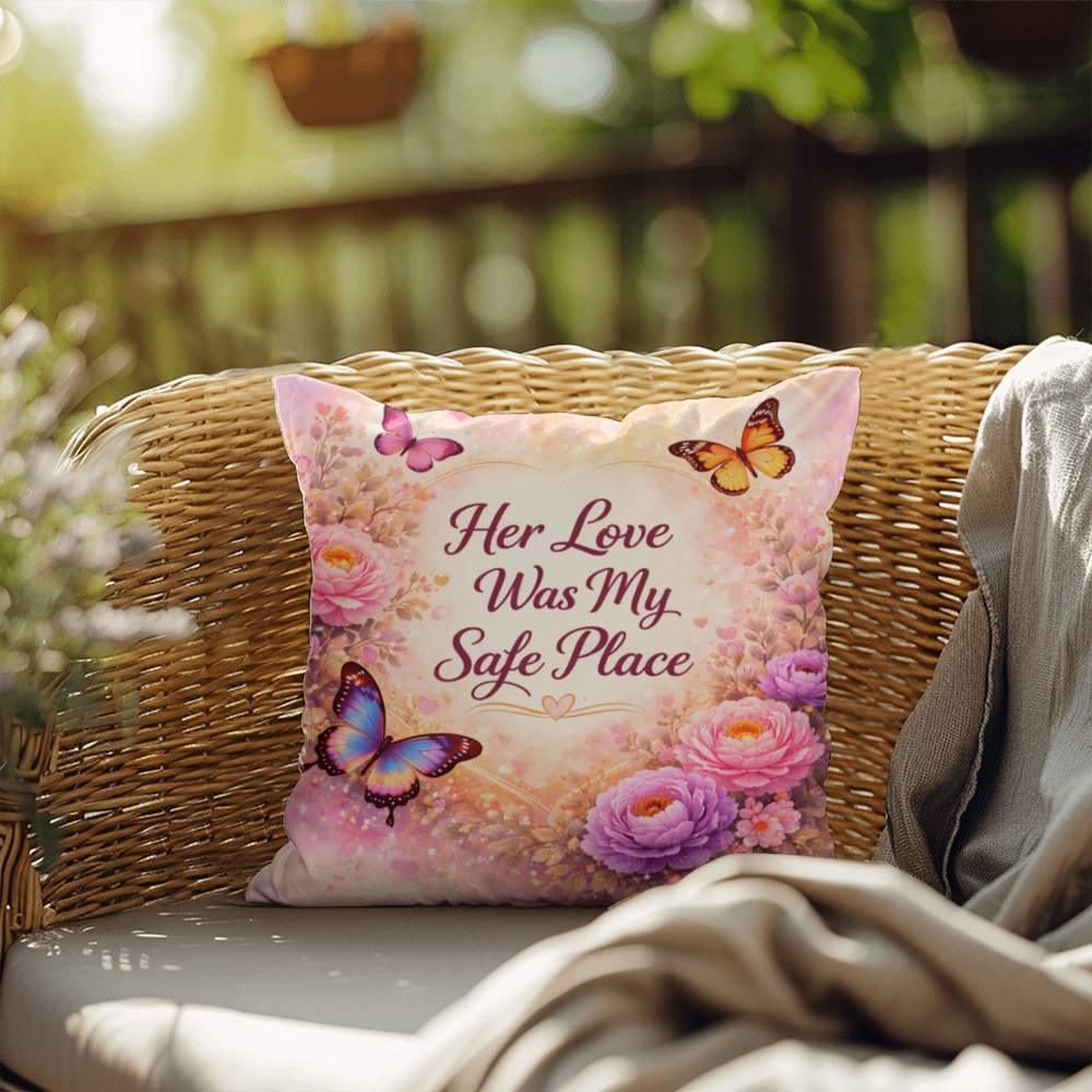 Shop our her love was my safe place throw pillow featuring the 20" x 20" style option from MySisterIsASurvivor.