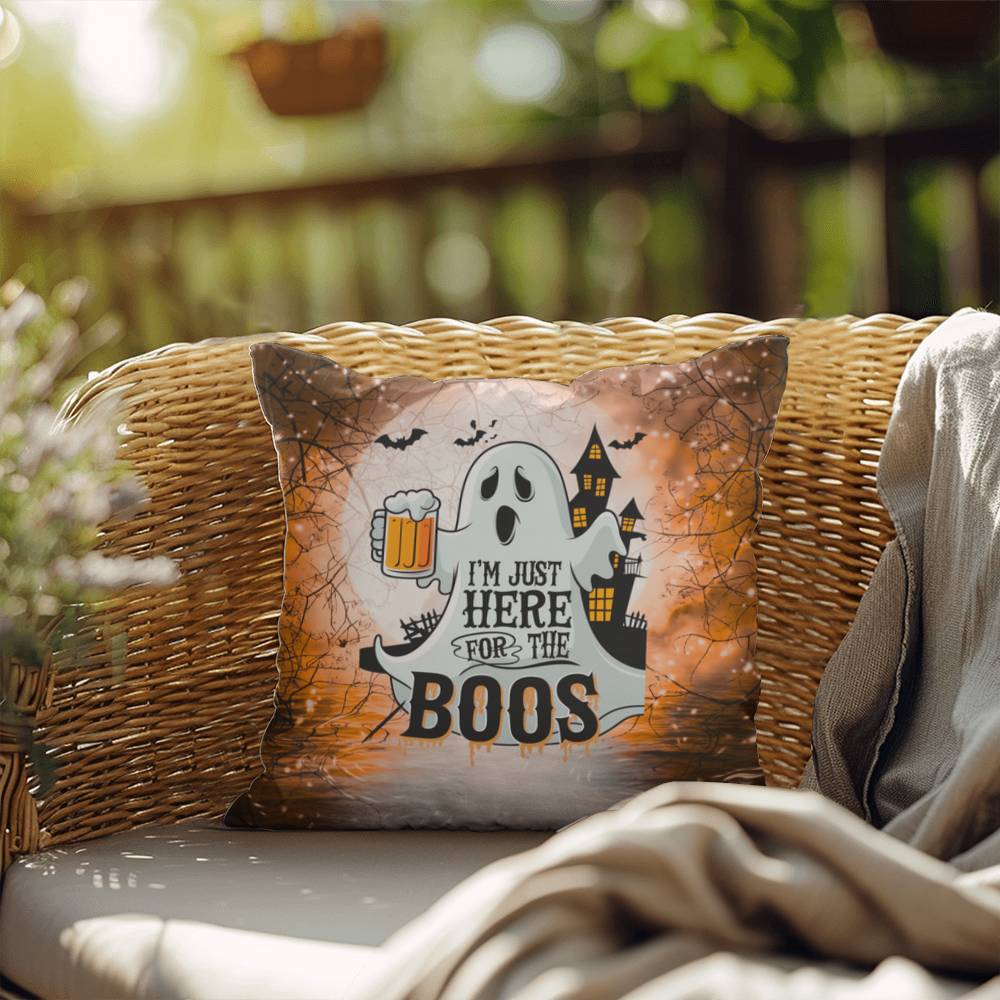 Ghost-themed indoor/outdoor Halloween pillow with “I’m Just Here For The Boos” for fun décor