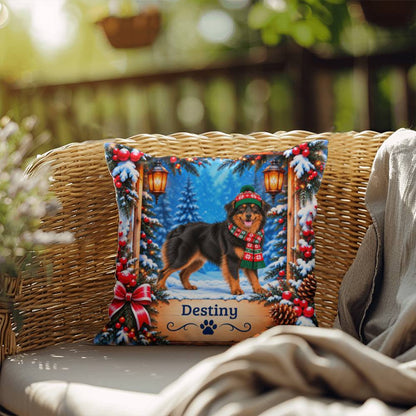 Australian Shepherd (Black & Copper Bi Coat) - Personalized Dog Name Pillow, Rustic Winter Decor