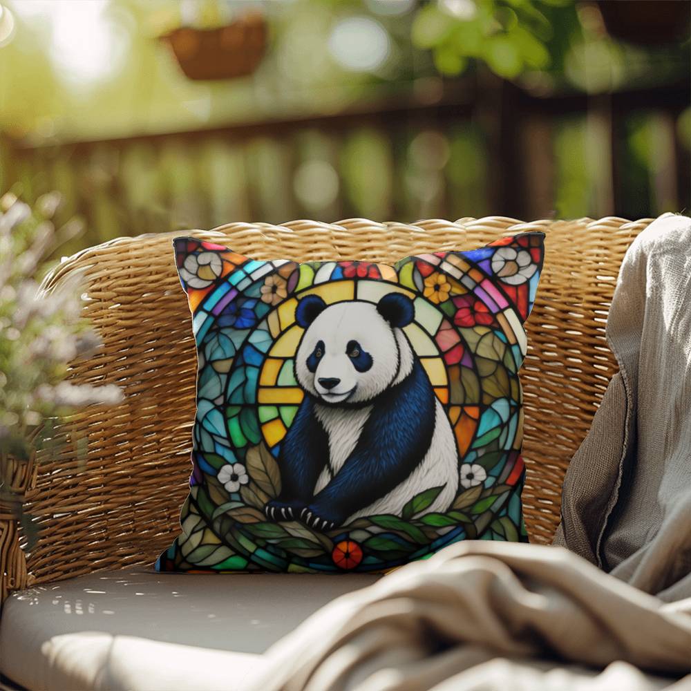 Panda stained glass throw pillow, wildlife animal decor, indoor outdoor cozy home accent