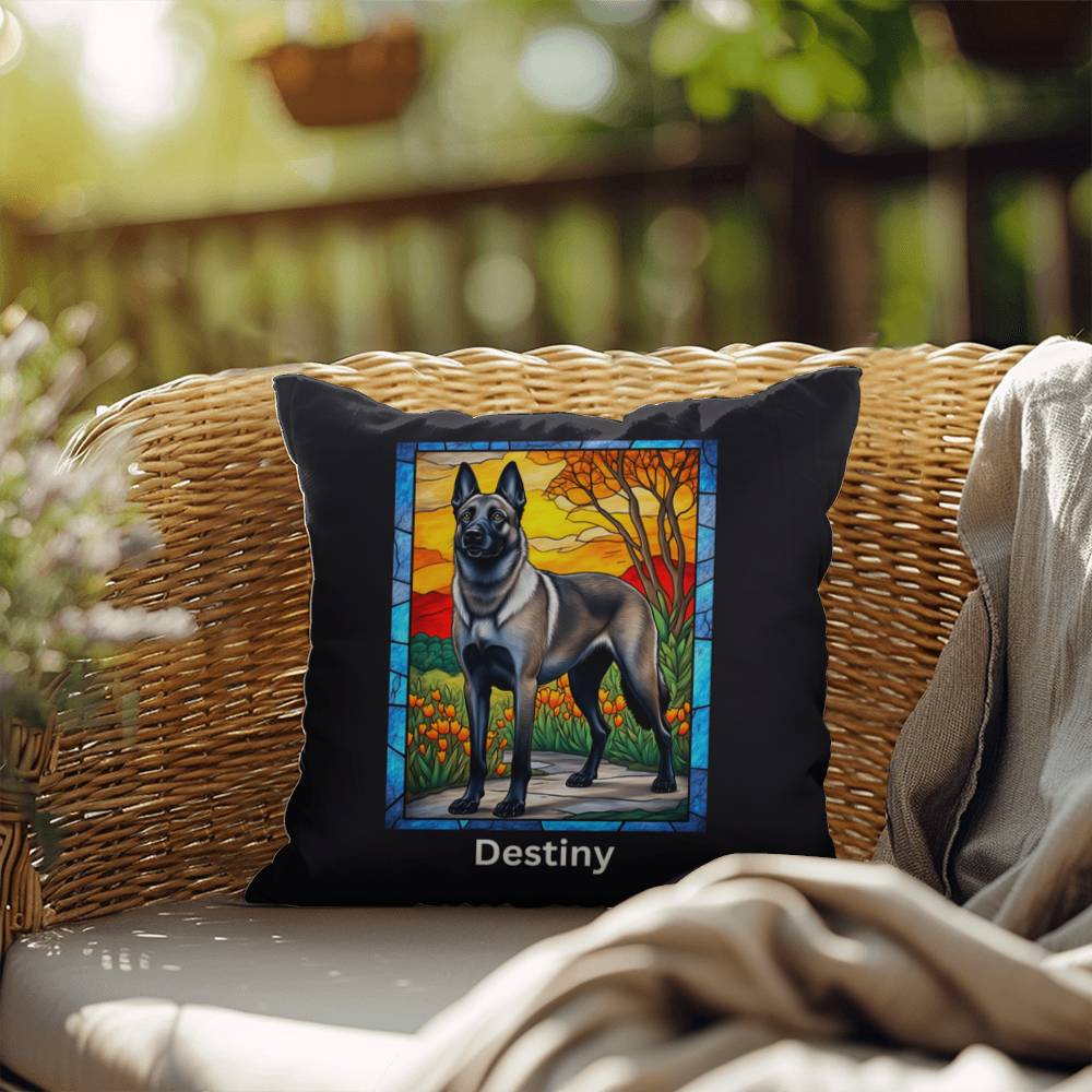 Belgian Malinois (Gray Sable) Indoor/Outdoor Pillow - Personalized Stained Glass Dog Tribute & Comfort Gift