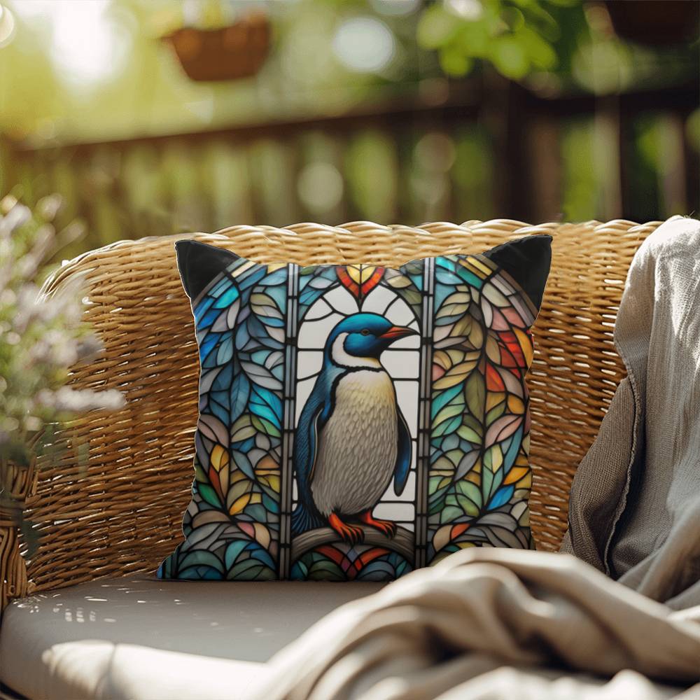 Penguin stained glass throw pillow, Arctic wildlife decor, indoor outdoor accent pillow