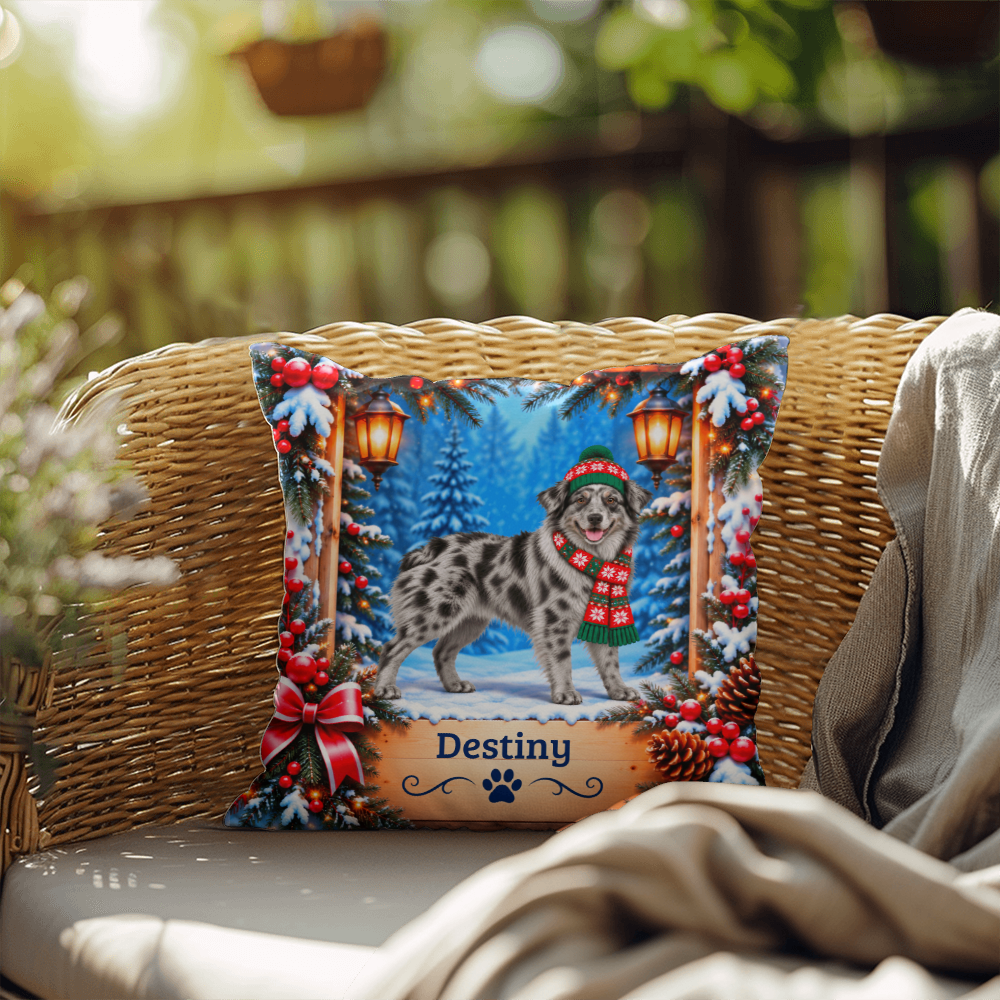 Australian Shepherd (Solid Blue Merle, Amber Eyes) - Personalized Name Pillow, Winter Woodland Decor