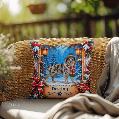 Australian Shepherd (Solid Blue Merle, Amber Eyes) - Personalized Name Pillow, Winter Woodland Decor