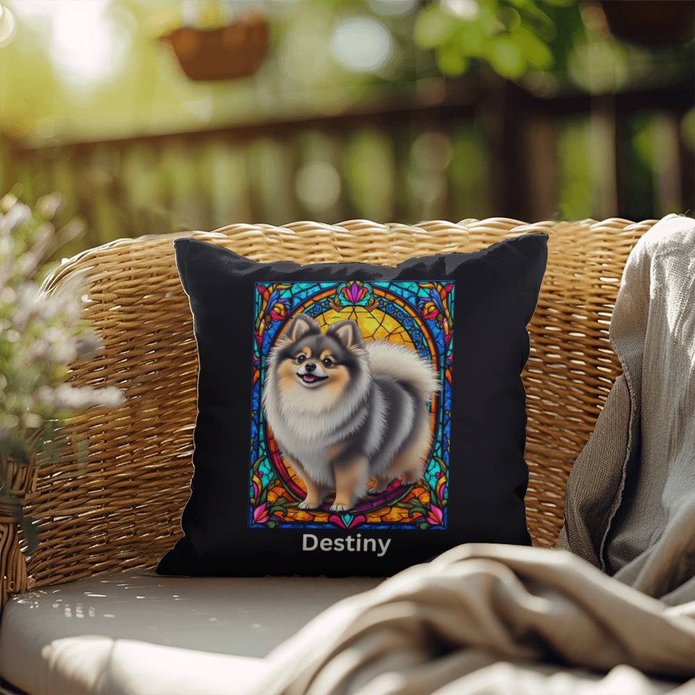 Pomeranian (Wolf Sable) Indoor/Outdoor Pillow - Personalized Stained Glass Dog Tribute & Comfort Gift