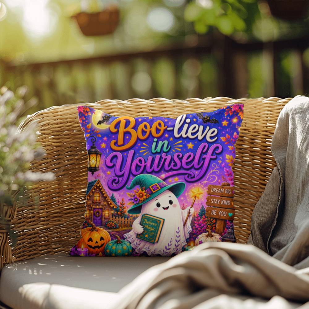 Boo-lieve In Yourself message with friendly ghost illustration on an encouraging Halloween throw pillow