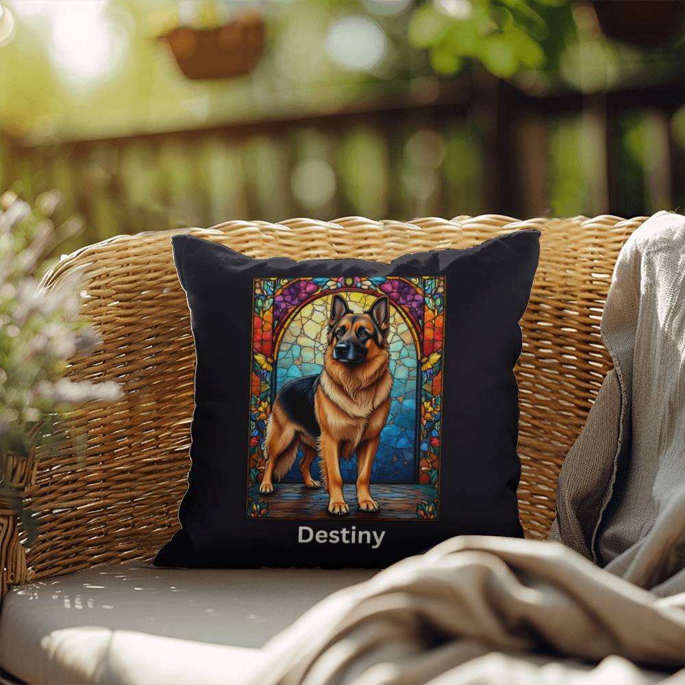 German Shepherd (Black and Tan) Indoor/Outdoor Pillow - Personalized Stained Glass Dog Tribute & Comfort Gift