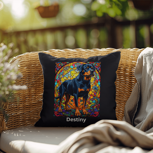 Rottweiler (Black and Rust) Indoor/Outdoor Pillow - Personalized Stained Glass Dog Tribute & Comfort Gift