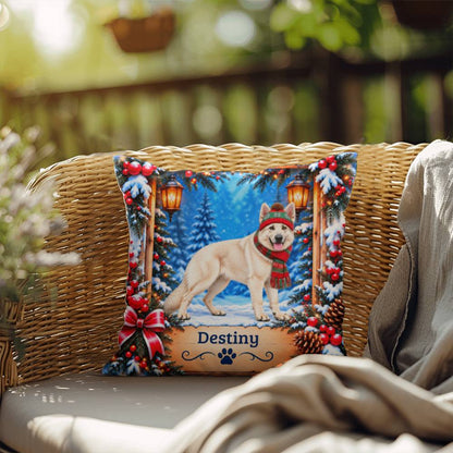 German Shepherd (White Coat) - Personalized Snowy Woodland Pillow, Winter Gift for Dog Lovers