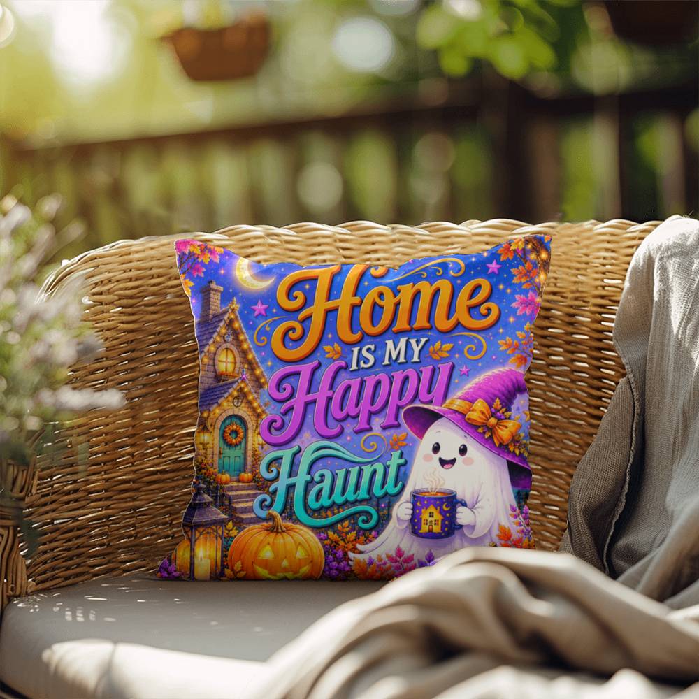 Home Is My Happy Haunt design with cozy ghost house artwork on a Halloween throw pillow