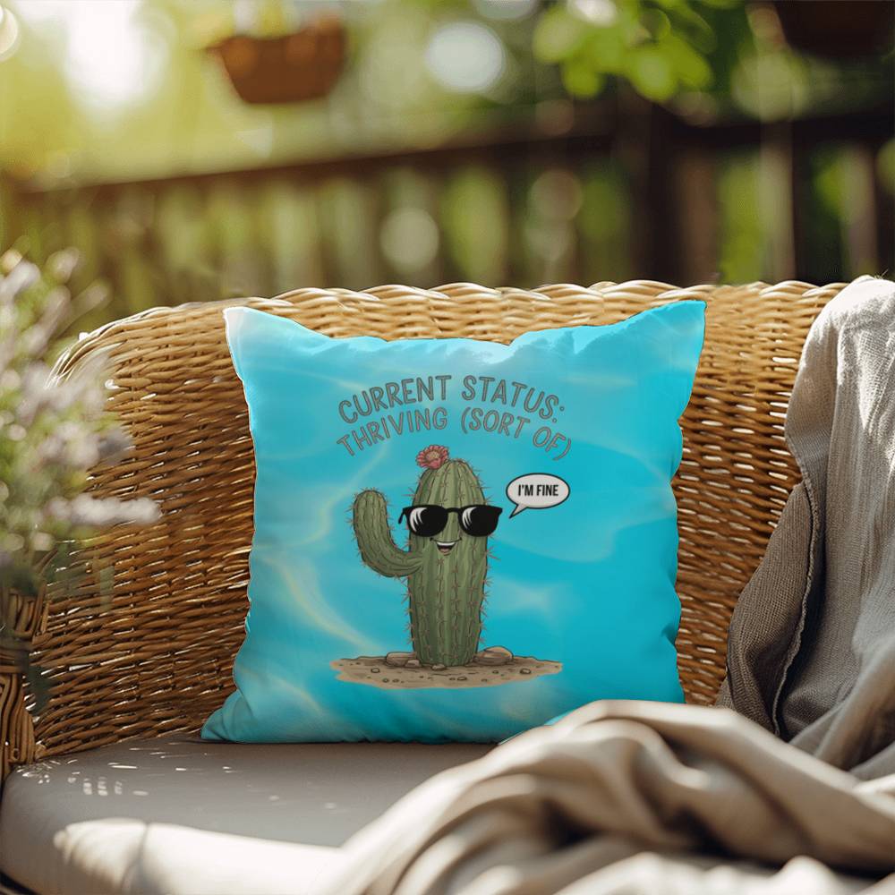 "Current Status: Thriving (Sort Of)" indoor/outdoor pillow, mental health support cushion for anxiety relief and relaxation.