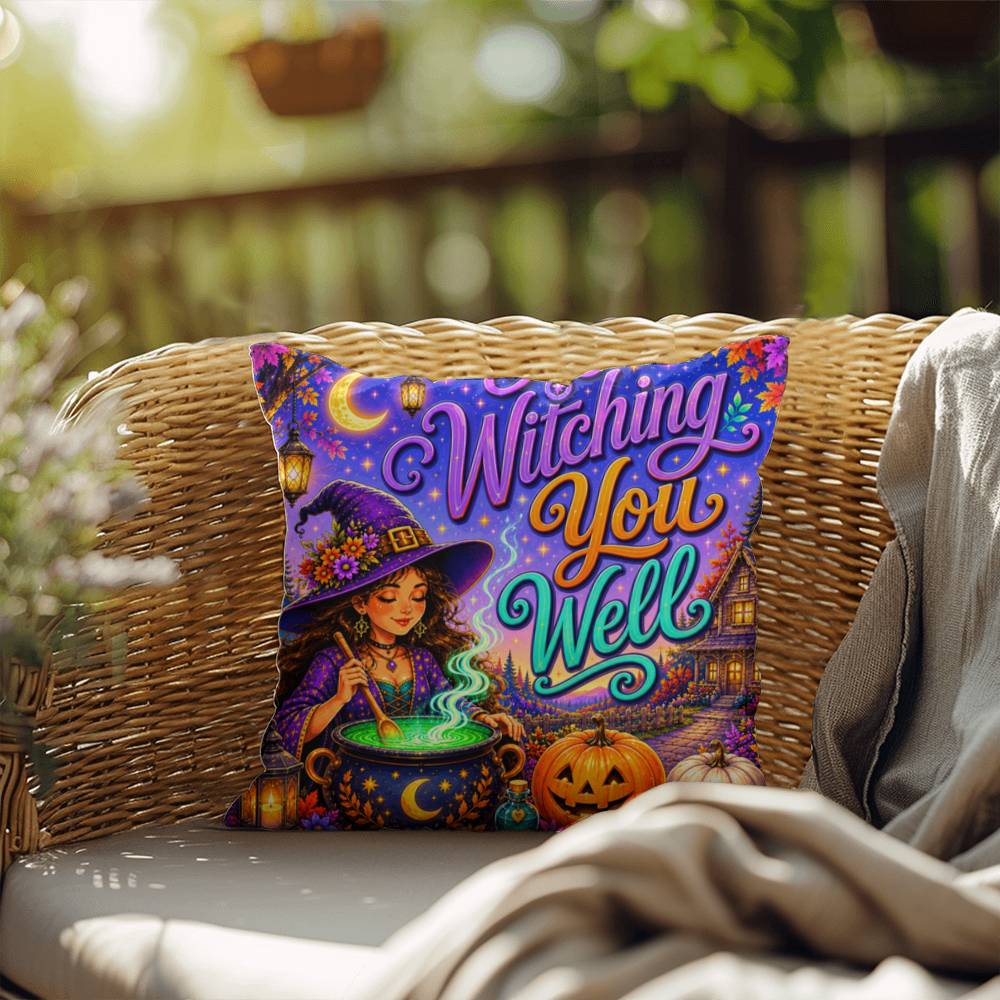 Witching You Well Halloween Throw Pillow - Witch Cauldron Moon Fall Pillow